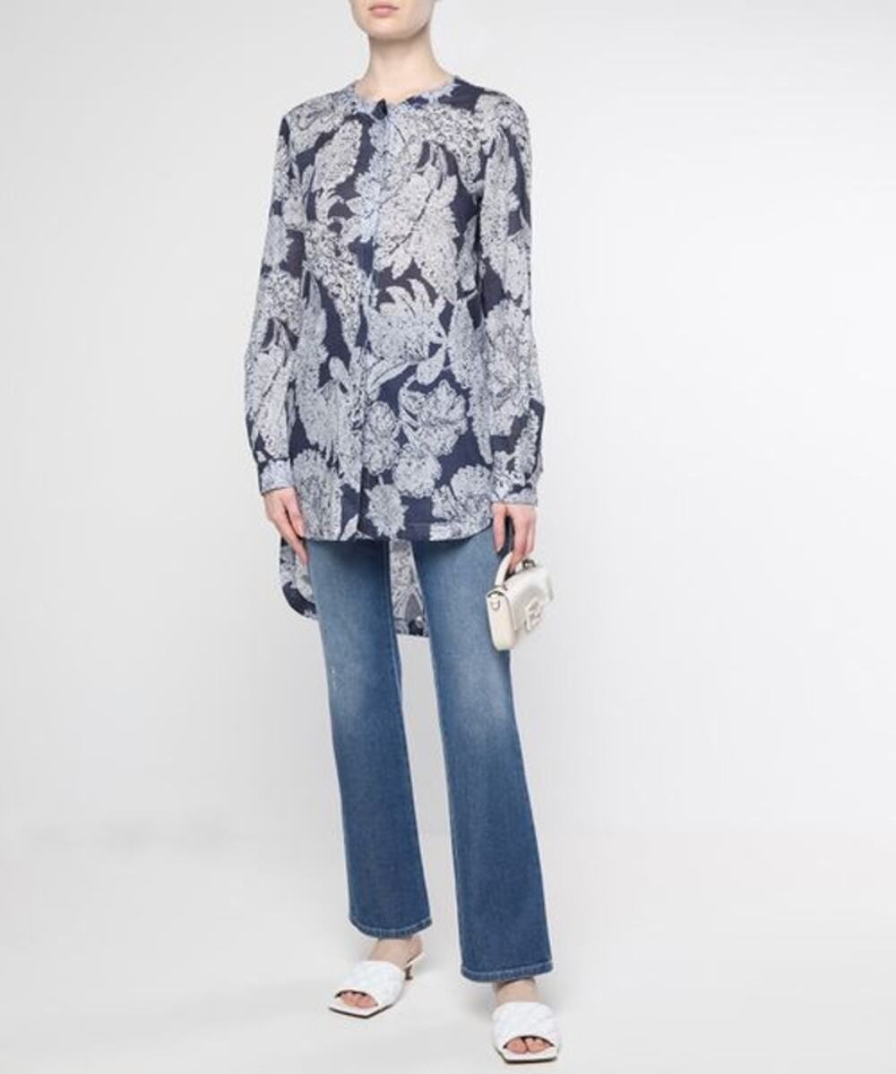 Giorgio Armani Blue Floral Print Tunic Blouse Size 44 XL Long Sleeve Cotton